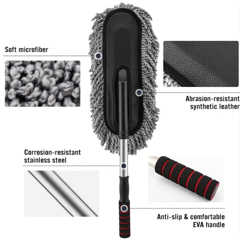 Keep your car and home spotless with our versatile Car Duster featuring a long retractable handle and soft microfiber bristles for superior dust removal. Superior Dust Absorption: High-quality microfiber bristles trap dust effectively on car and household
